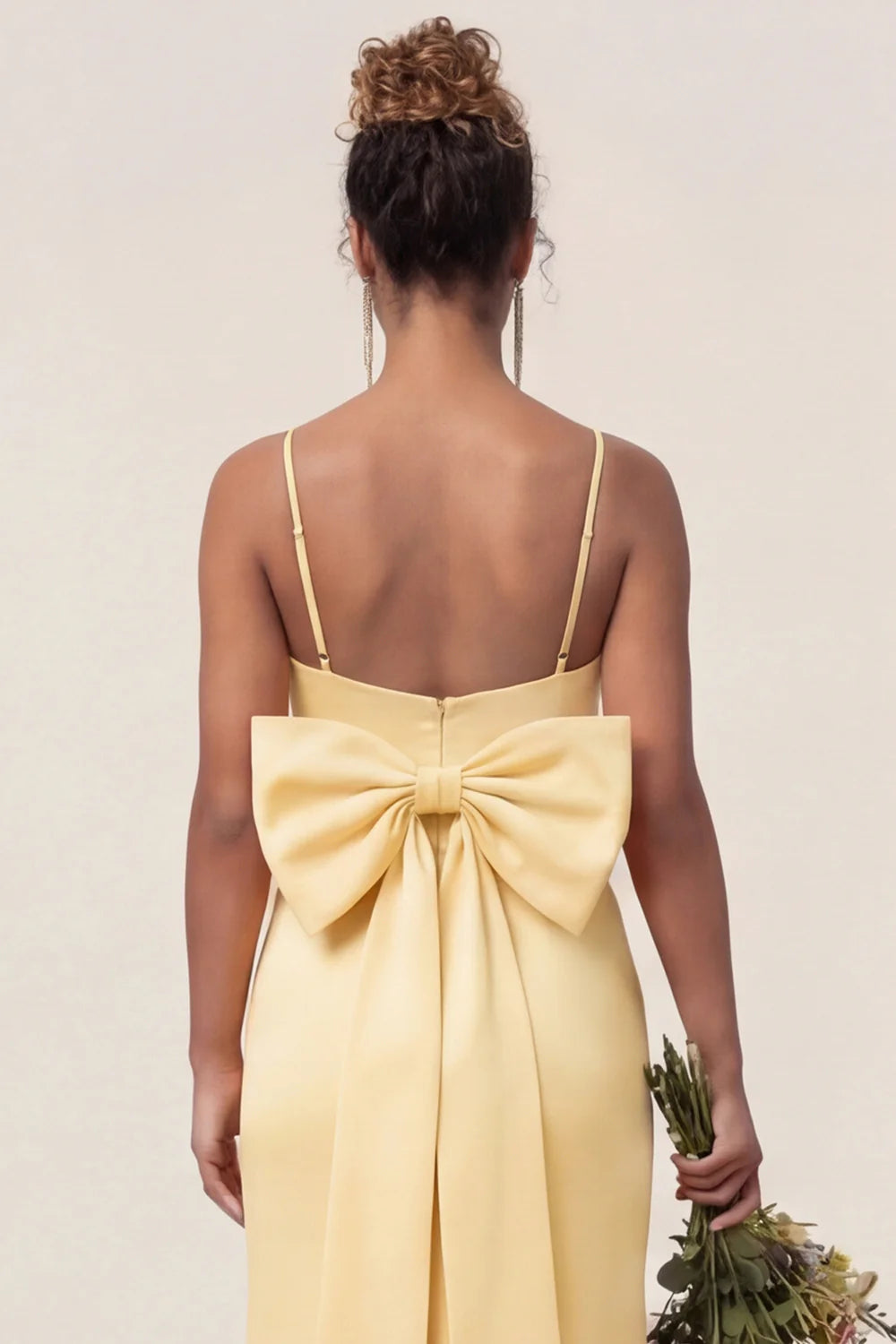 Daffodil Mermaid Spaghetti Straps Satin Long Bridesmaid Dress with Bow