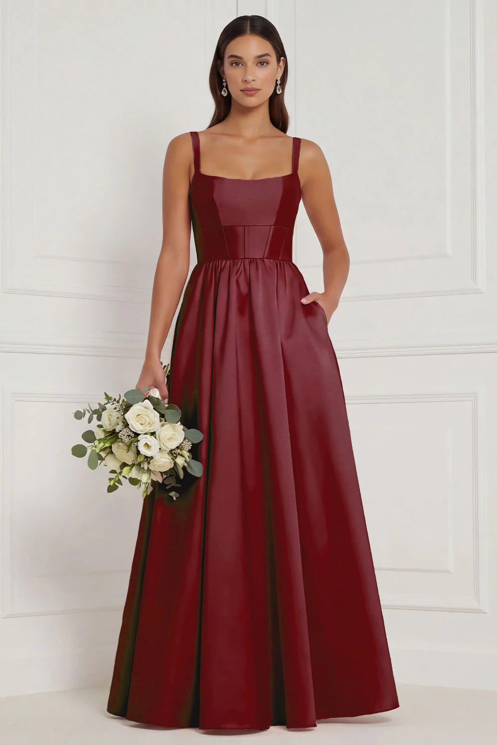 Lilac A Line Corset Satin Square Neck Long Bridesmaid Dress