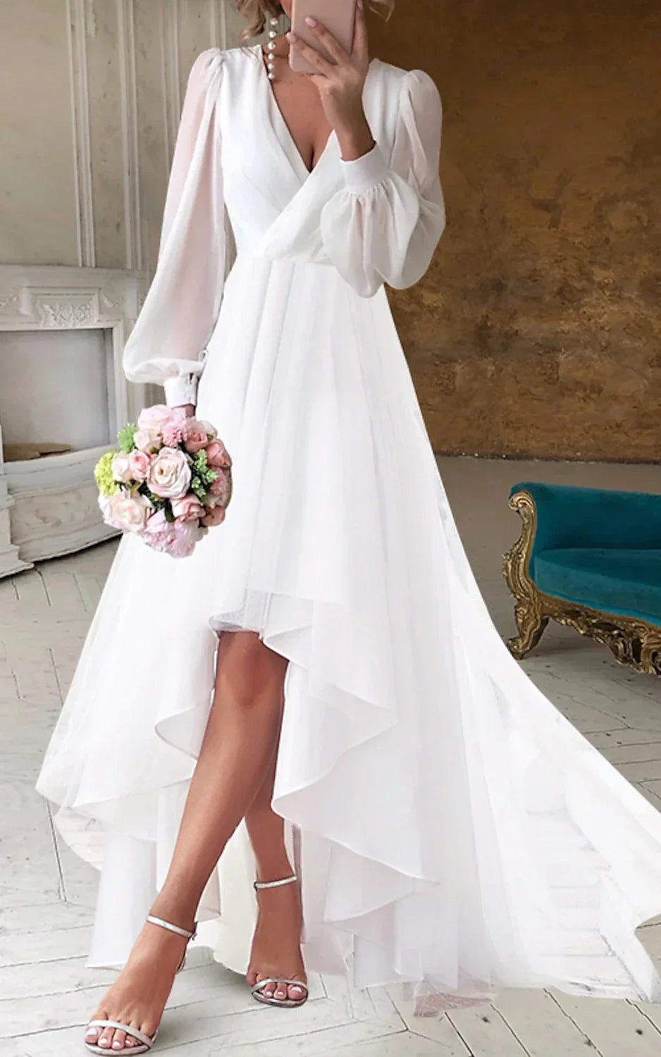 A Line V Neck Long Sleeves Elegant Casual Asymmetrical Chiffon Wedding Dress with Zipper Back