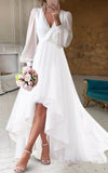 A Line V Neck Long Sleeves Elegant Casual Asymmetrical Chiffon Wedding Dress with Zipper Back