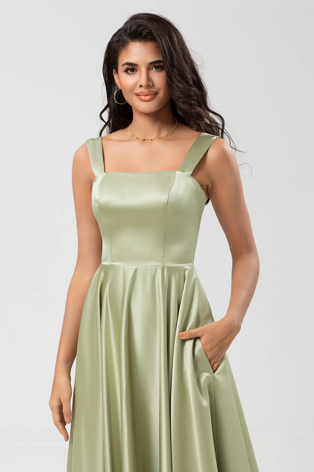 Dusty Sage A Line Square Neck Floor Length Satin Bridesmaid Dress with Pocket