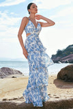 White and Blue Flower A Line Spaghetti Straps Hollow Out Print Bridesmaid Dress