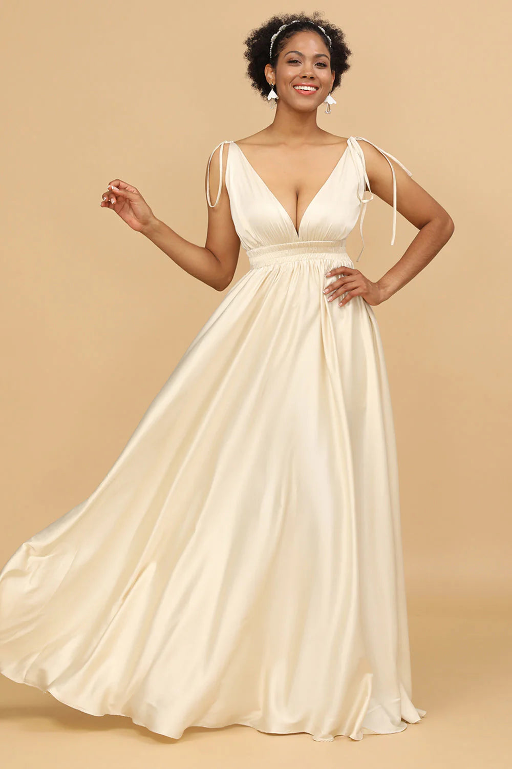 Ivory A Line Deep V Neck Backless Long Bridesmaid Dress