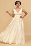 Ivory A Line Deep V Neck Backless Long Bridesmaid Dress