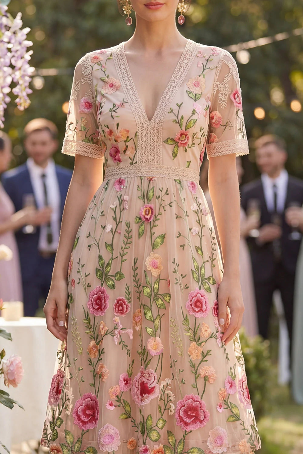 Floral Blush A Line V Neck Midi Wedding Guest Dress with Short Sleeves