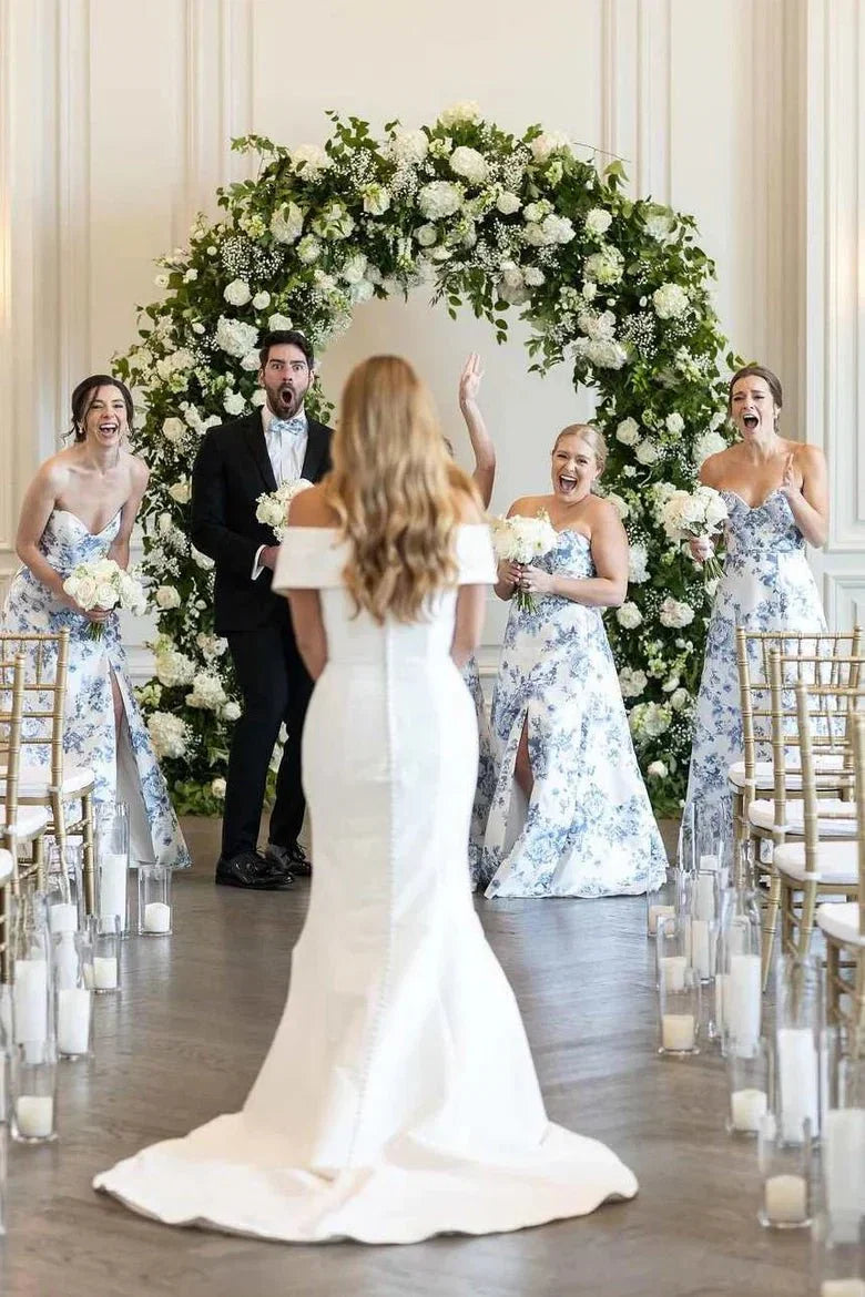 A line Strapless Printed Floarl Satin Long Bridesmaid Dresses