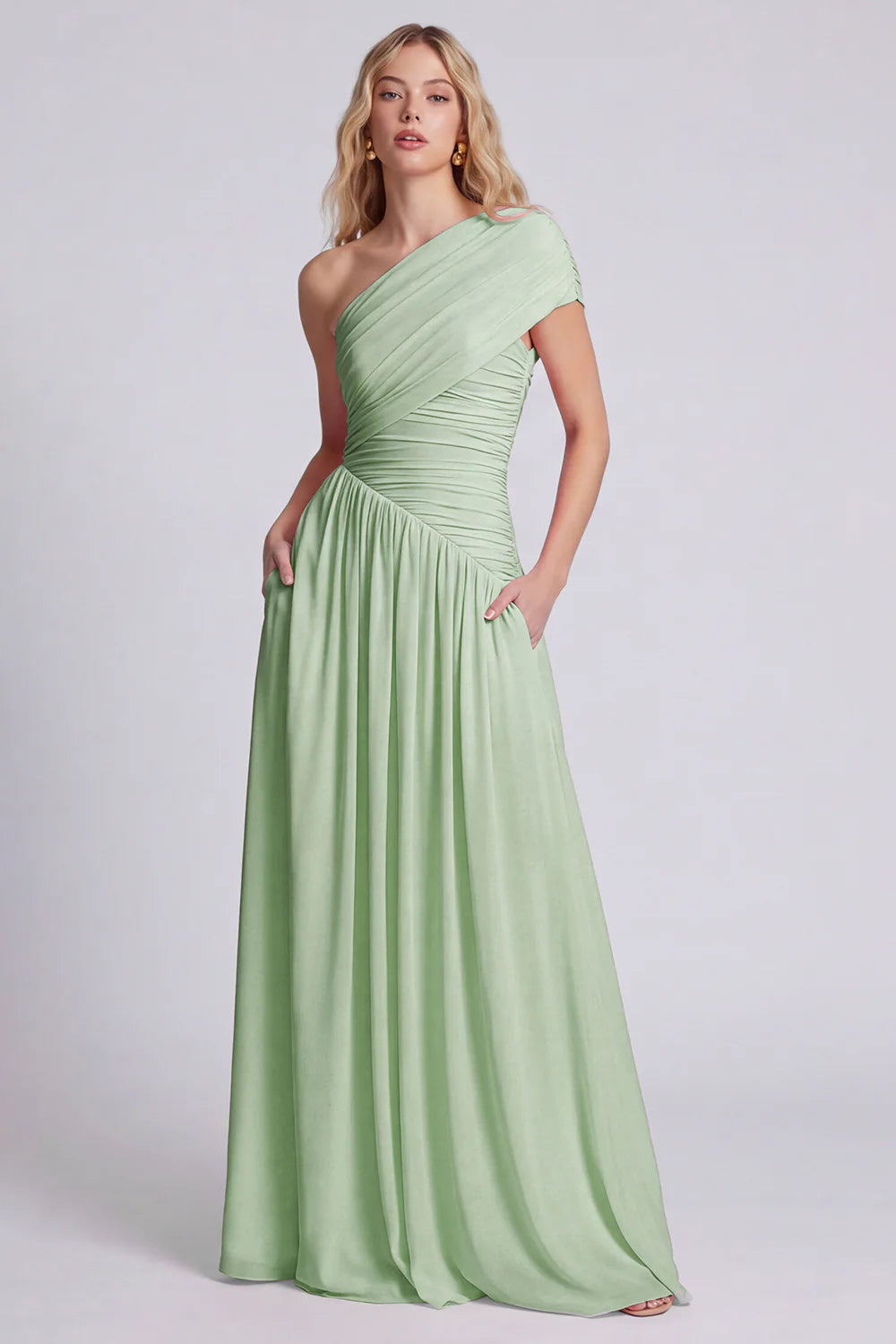 One Shoulder Pink A Line Ruched Bridesmaid Dress