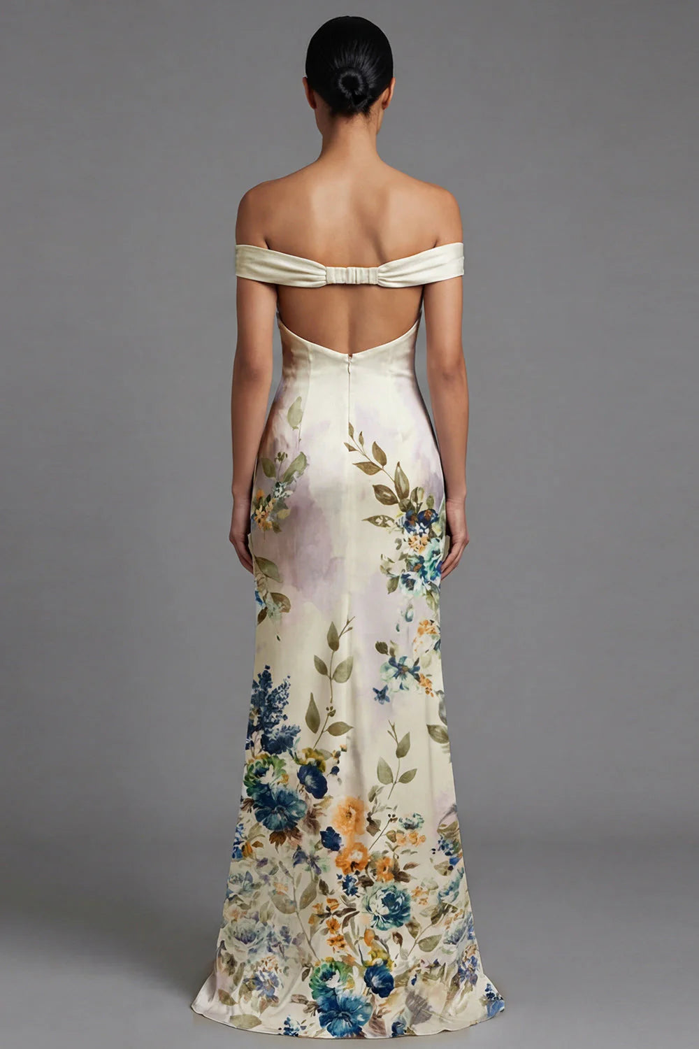 Off the Shoulder Mermaid Cut Out Ivory Printed Formal Dress