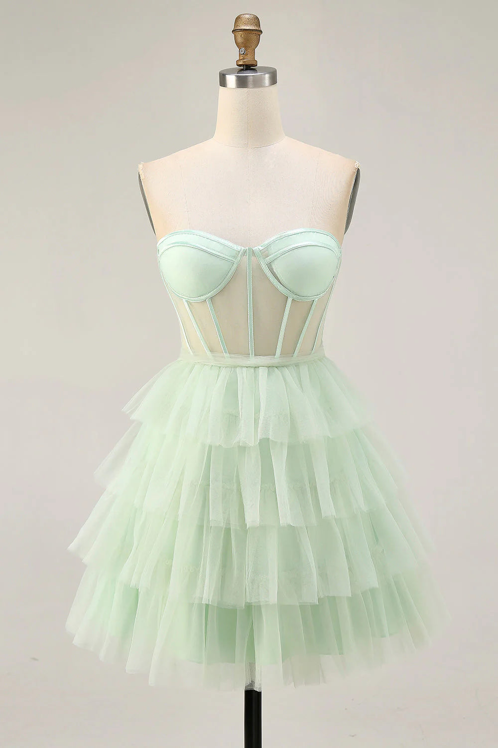 Light Green A Line Strapless Sheer Corset Tiered Short Homecoming Dress