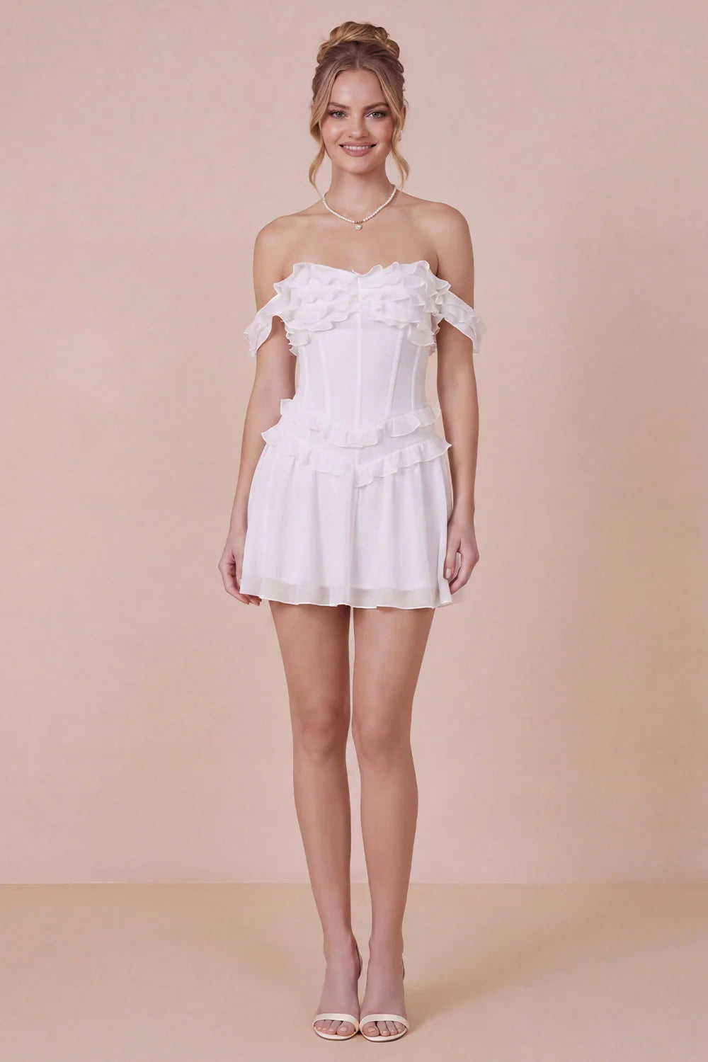 Off the Shoulder White Ruffled Corset Graduation Dress