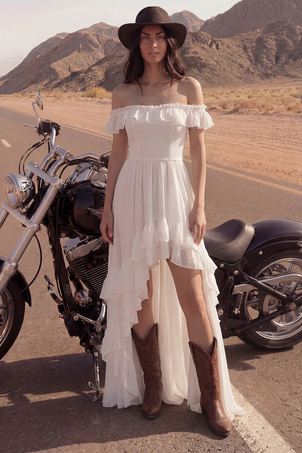 High Low Ivory Off the Shoulder Ruffled Wedding Dress