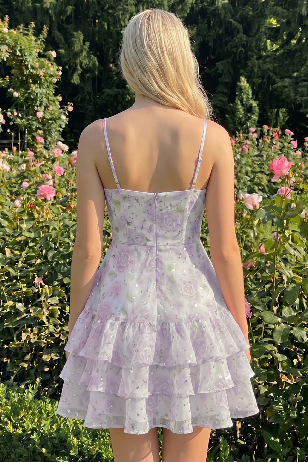 Floral Light Green Tiered Ruffle A Line Short Homecoming Dress