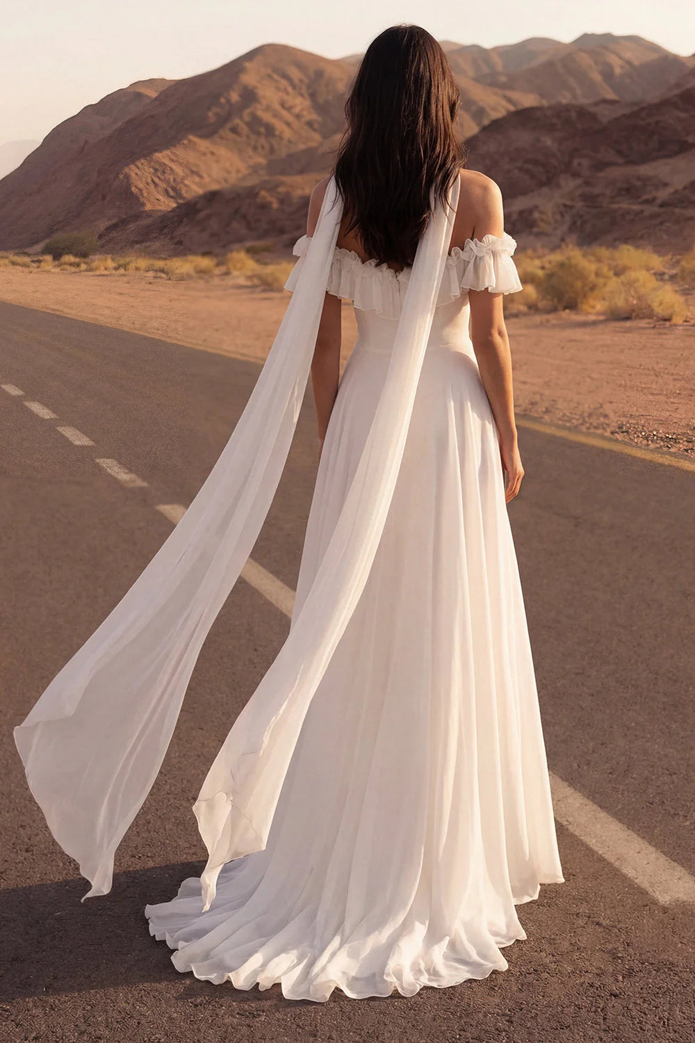Off the Shoulder Ivory A Line Ruffled High Low Wedding Dress with Sash