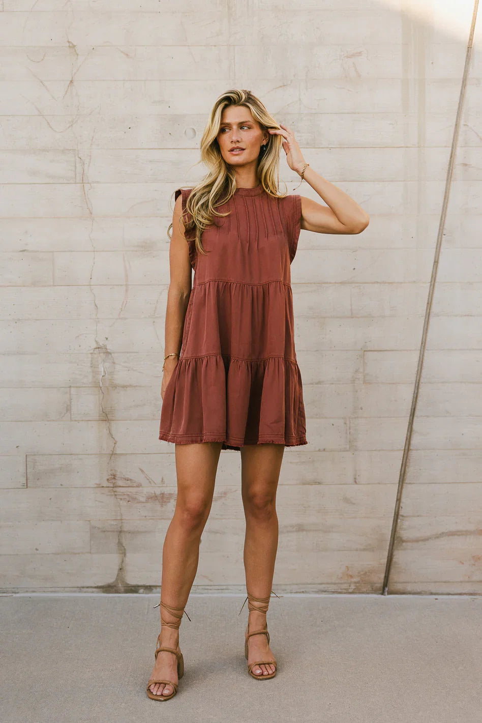 Regina Pleated Mini Dress in Brick FINAL SALE