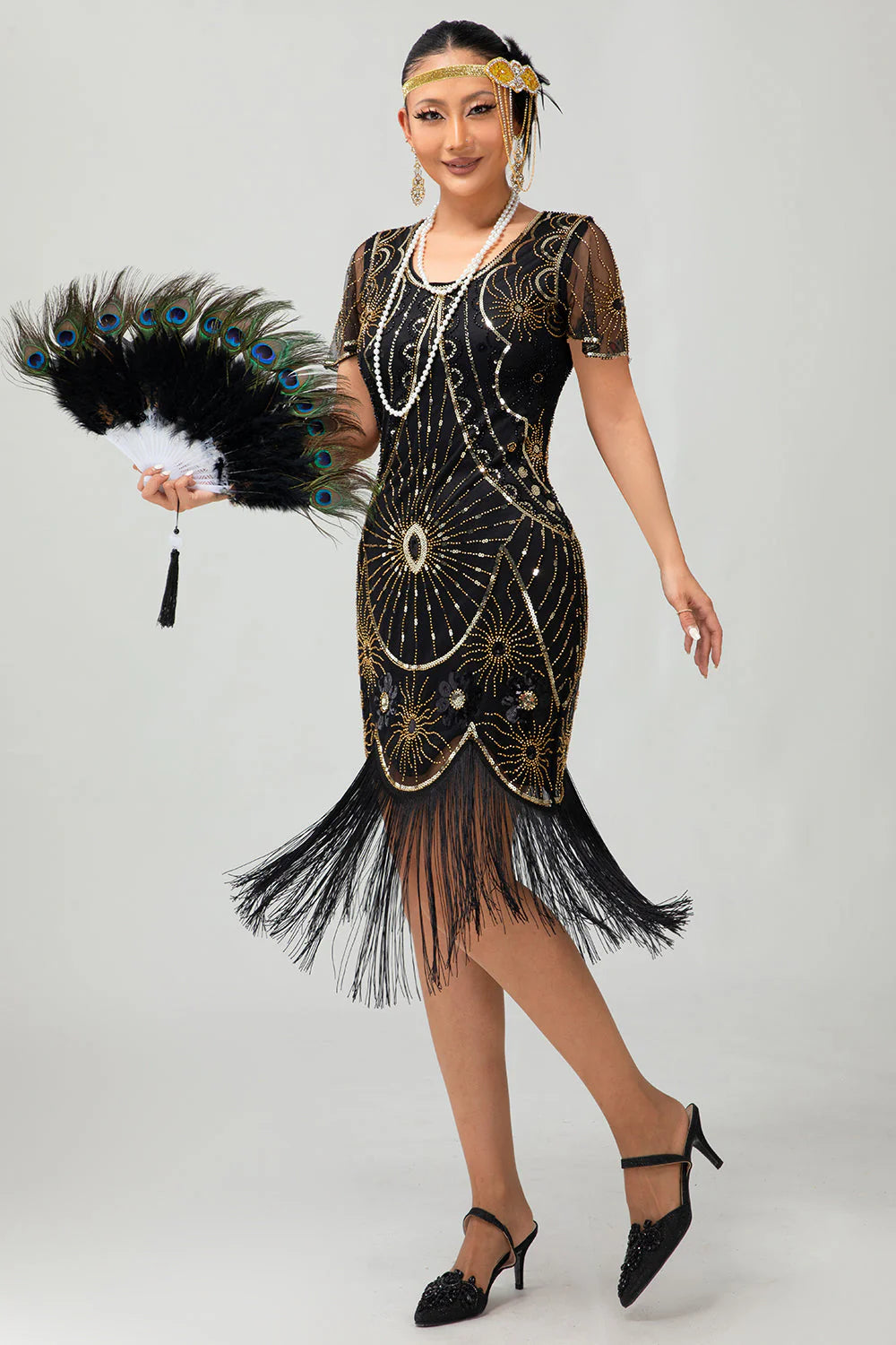 Gatsby Black Red Scoop Fringed Bodycon1920s Dress with Sequins