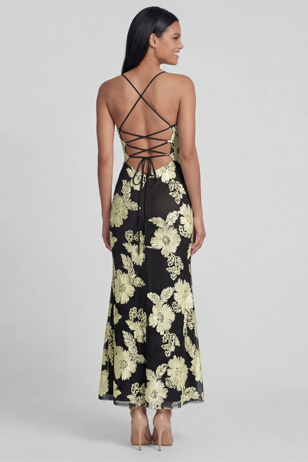 Sage Green Mermaid Floral Wedding Guest Dress with Lace up Back