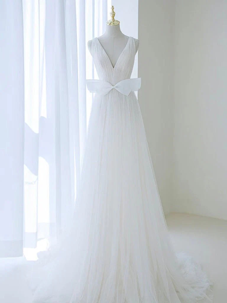 A Line V Neck White Tulle Long Wedding Dress with Bow