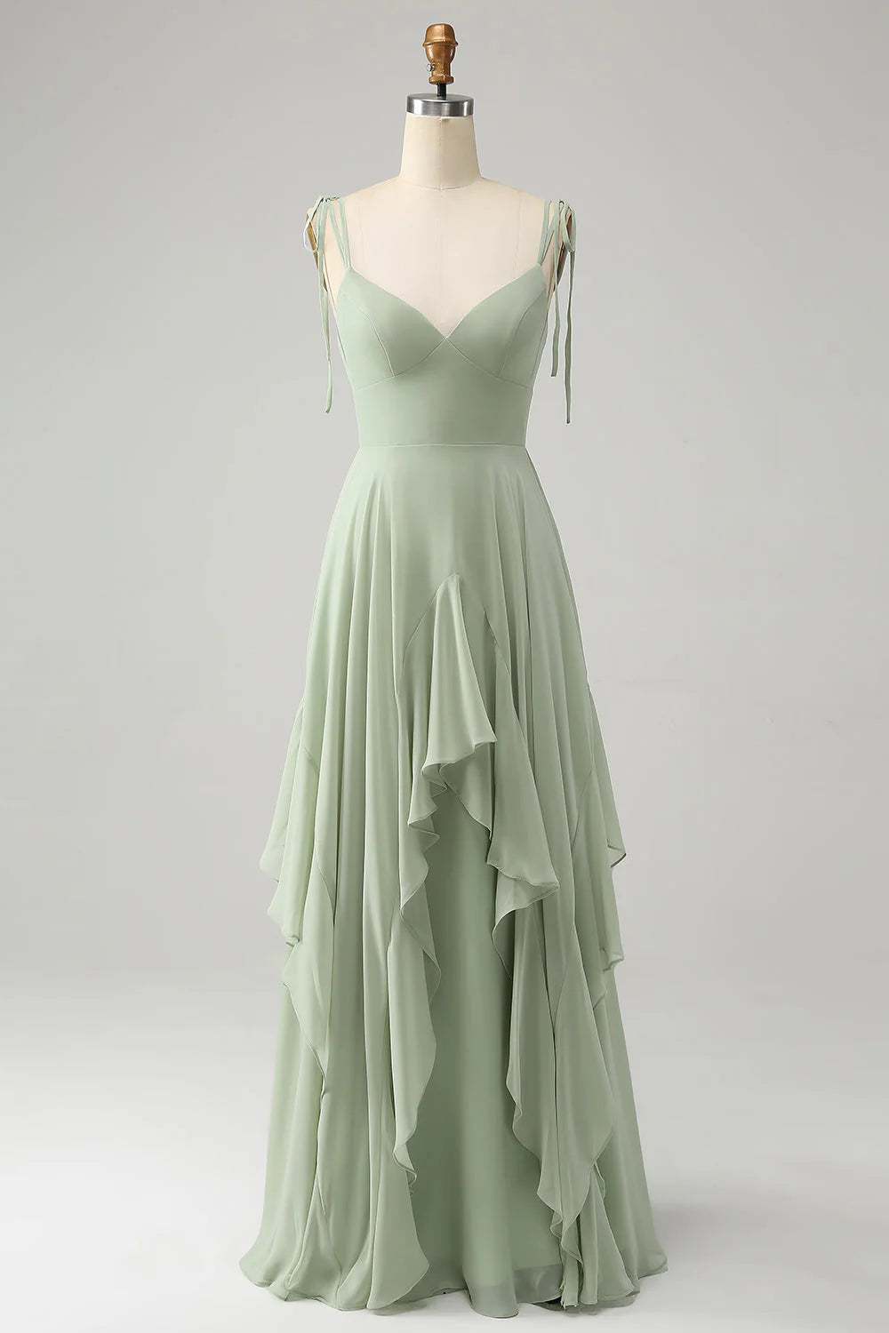 Elegant Matcha A Line High Low Hem Chiffon Long Bridesmaid Dress with Ruffles