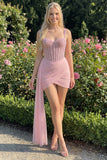 Pink Bodycon Ruched Beaded Corset Homecoming Dress with Sash