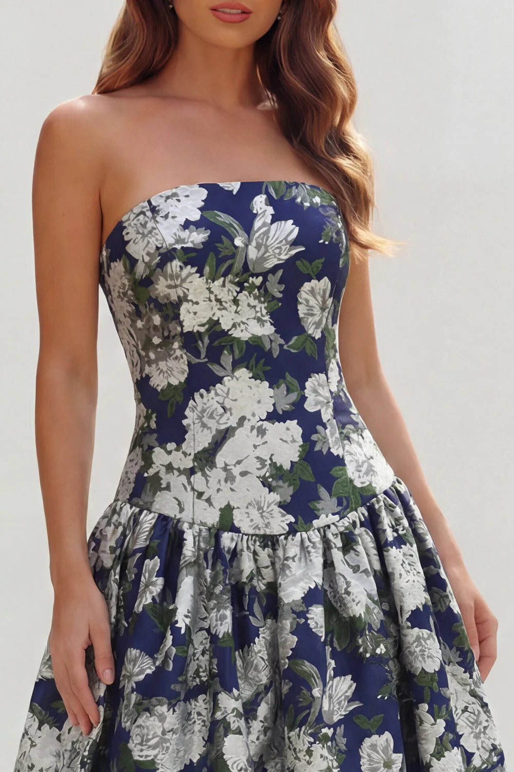 Blue White Flower Printed Strapless A Line Long Wedding Guest Dress