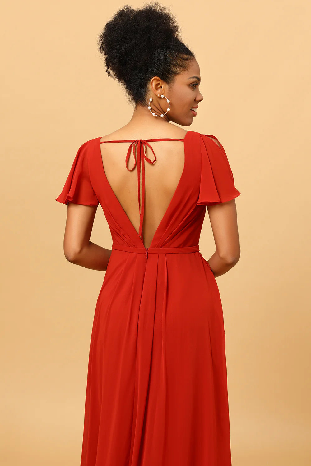Rust Red A Line Long Chiffon Bridesmaid Dress with Slit