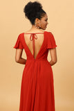 Rust Red A Line Long Chiffon Bridesmaid Dress with Slit