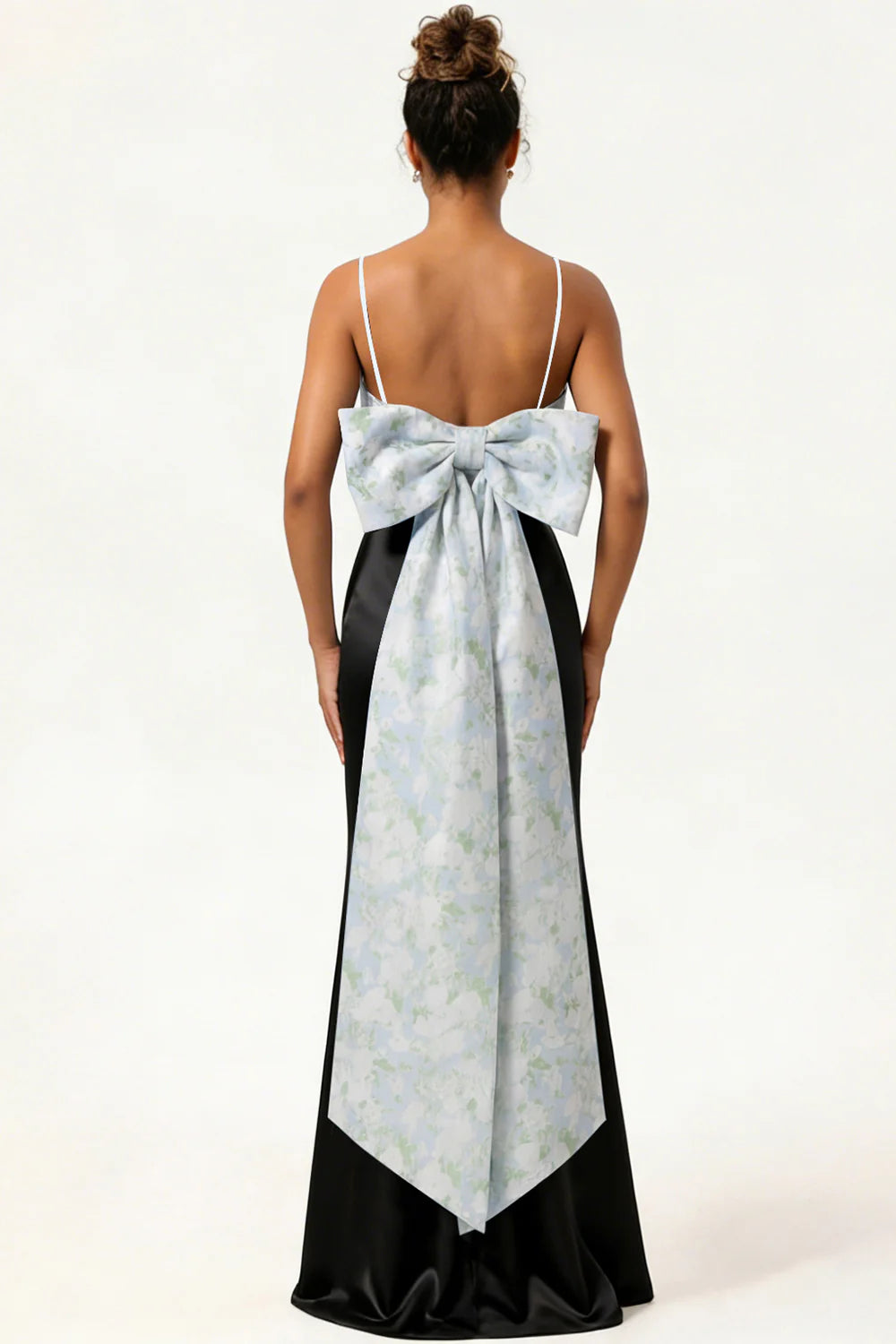 Blue Floral Spaghetti Straps Mermaid Satin Bridesmaid Dress with Bow
