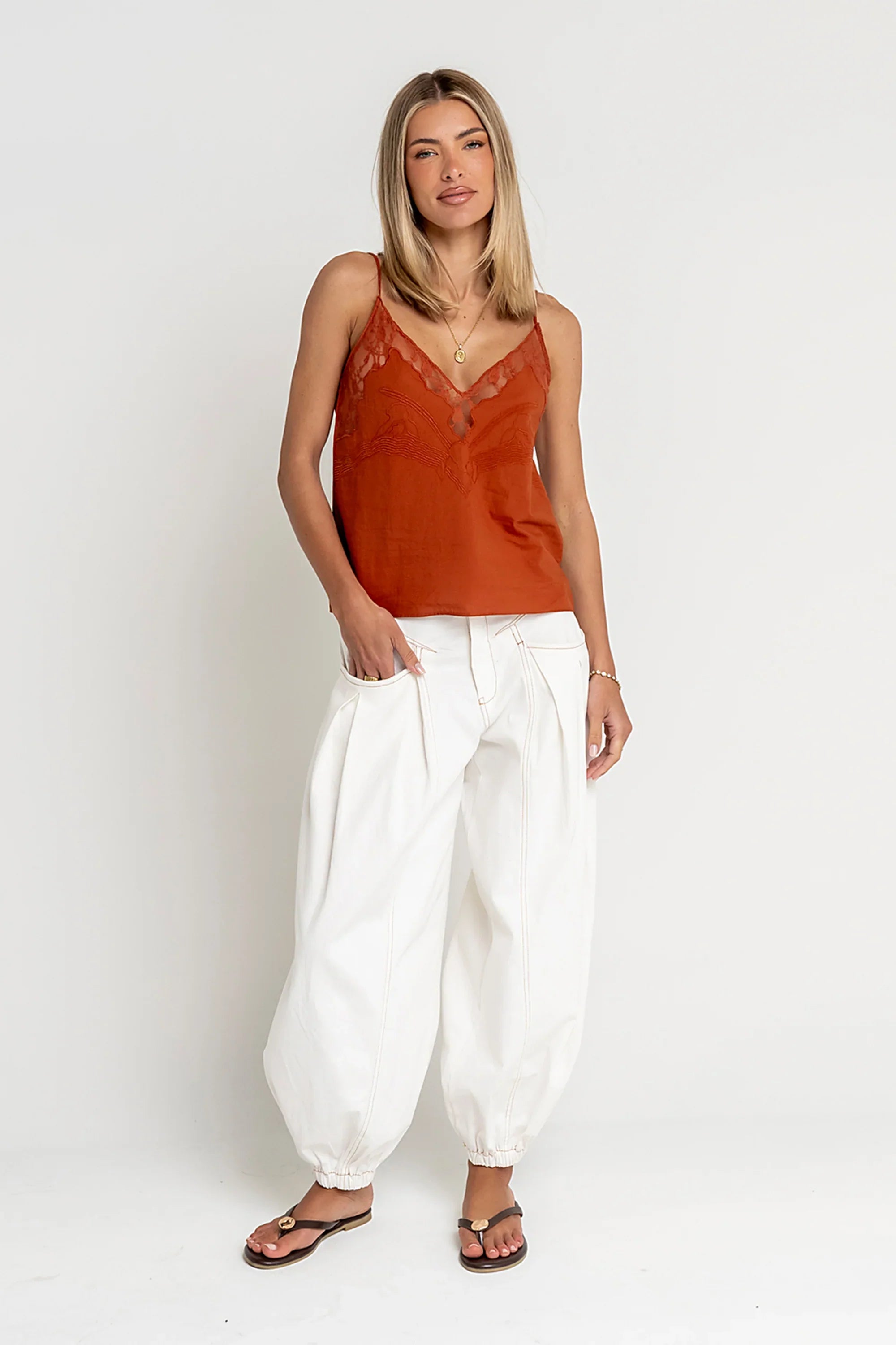 Lana Embroidered Tank Top in Rust
