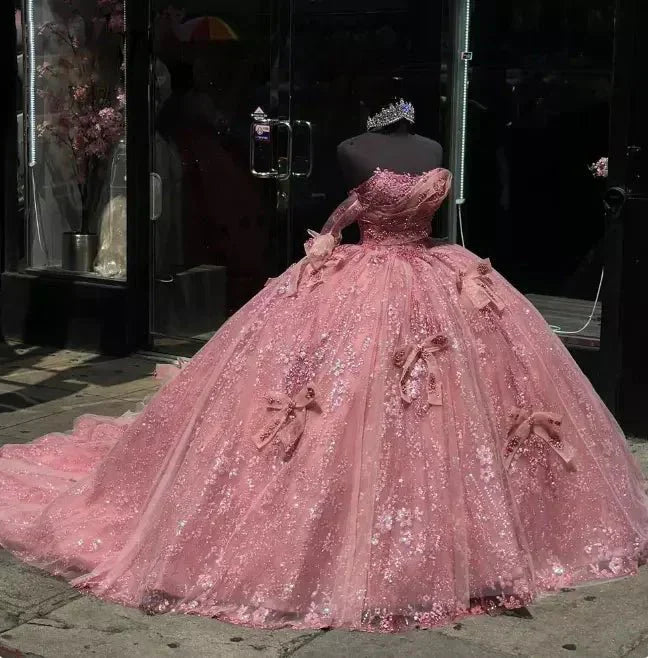 Pink Tulle Ball Gown Off the Shoulder Quinceanera Dresses