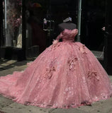 Pink Tulle Ball Gown Off the Shoulder Quinceanera Dresses