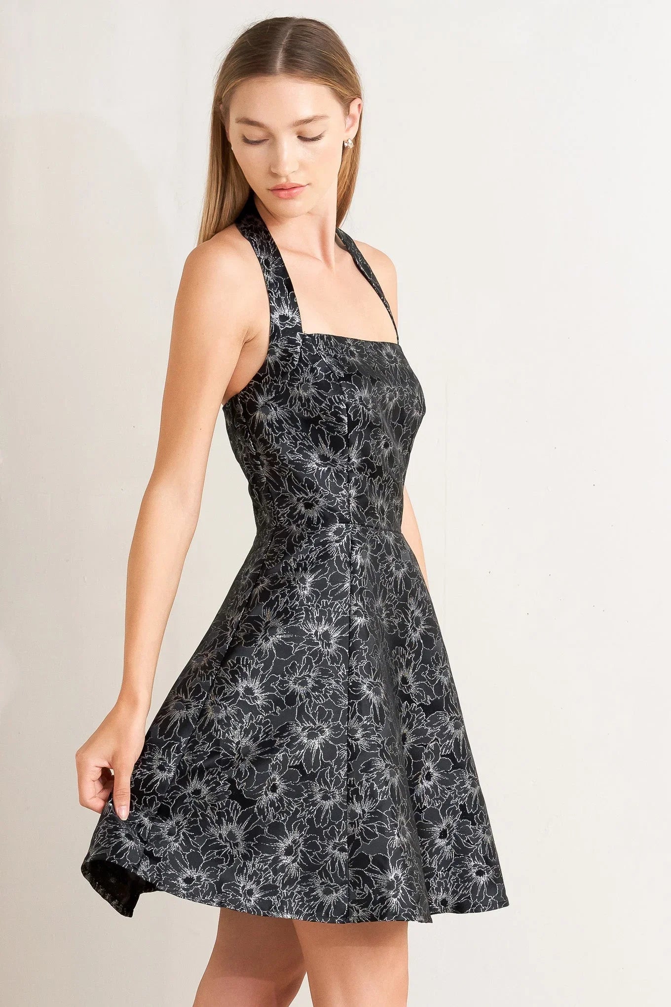 MYSTIC HOUR BLACK SILVER JACQUARD MINI DRESS