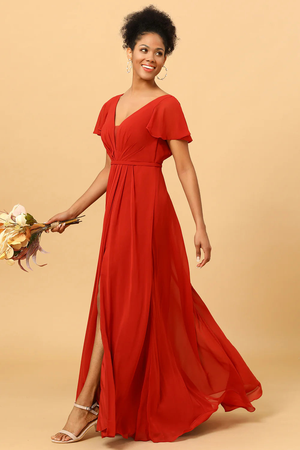 Rust Red A Line Long Chiffon Bridesmaid Dress with Slit
