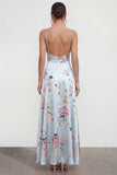 Floral Blue A Line Satin Ruffled Wedding Guest Dress