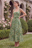 Sage Flower A Line Square Neck Wedding Guest Dress with Bow