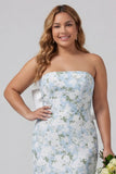 Blue White Flower Sheath Strapless Satin Long Plus Size Bridesmaid Dress with Back Bow