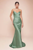 AVA POINTED V NECKLINE GOWN STRAPLESS STRETCH SPANDEX SATIN FITTED DRESS