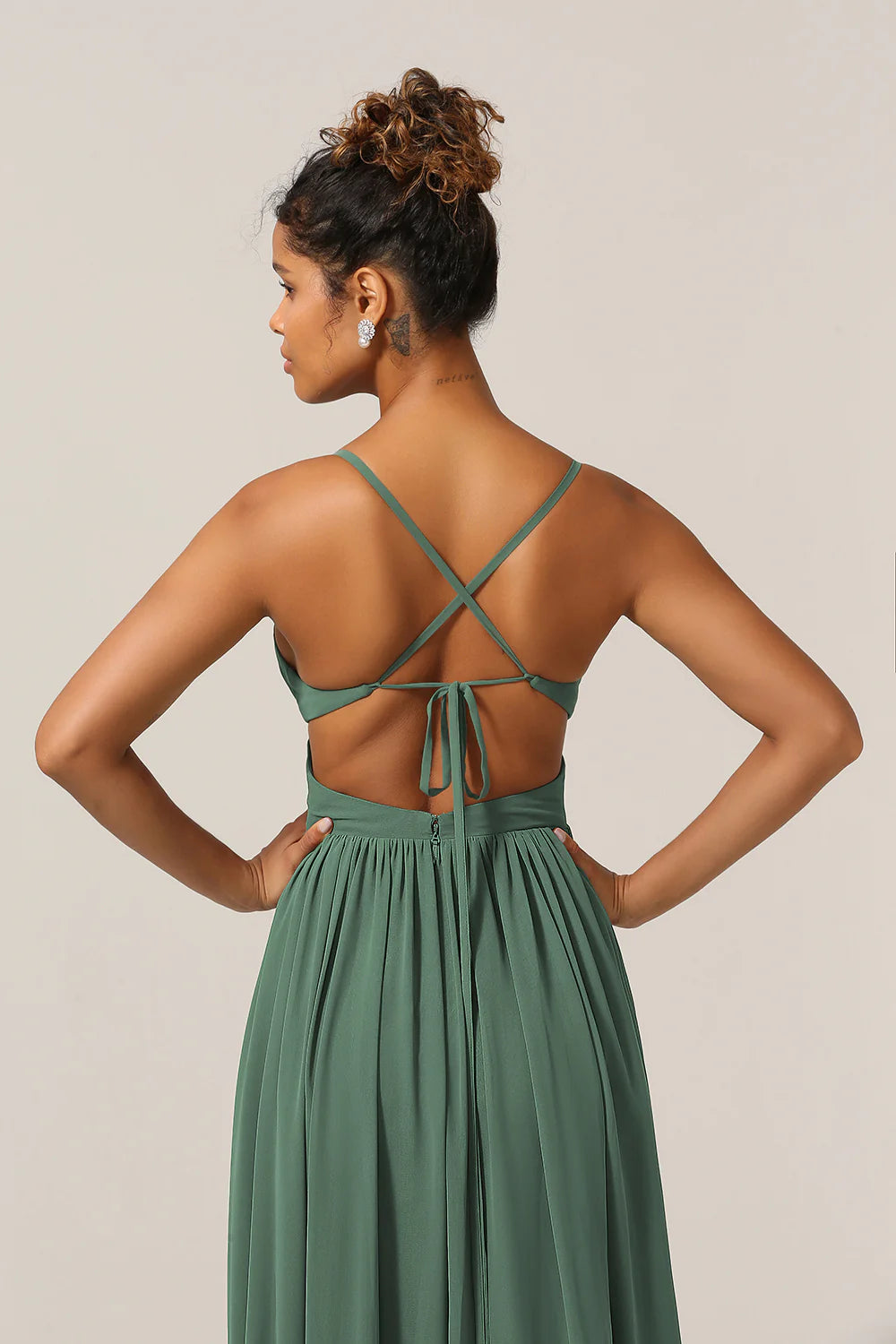 Eucalyptus A Line Spaghetti Straps Floor Length Chiffon Bridesmaid Dress with Slit