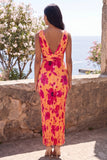 Orange Pleated V Neck Floral Wedding Guest Dress