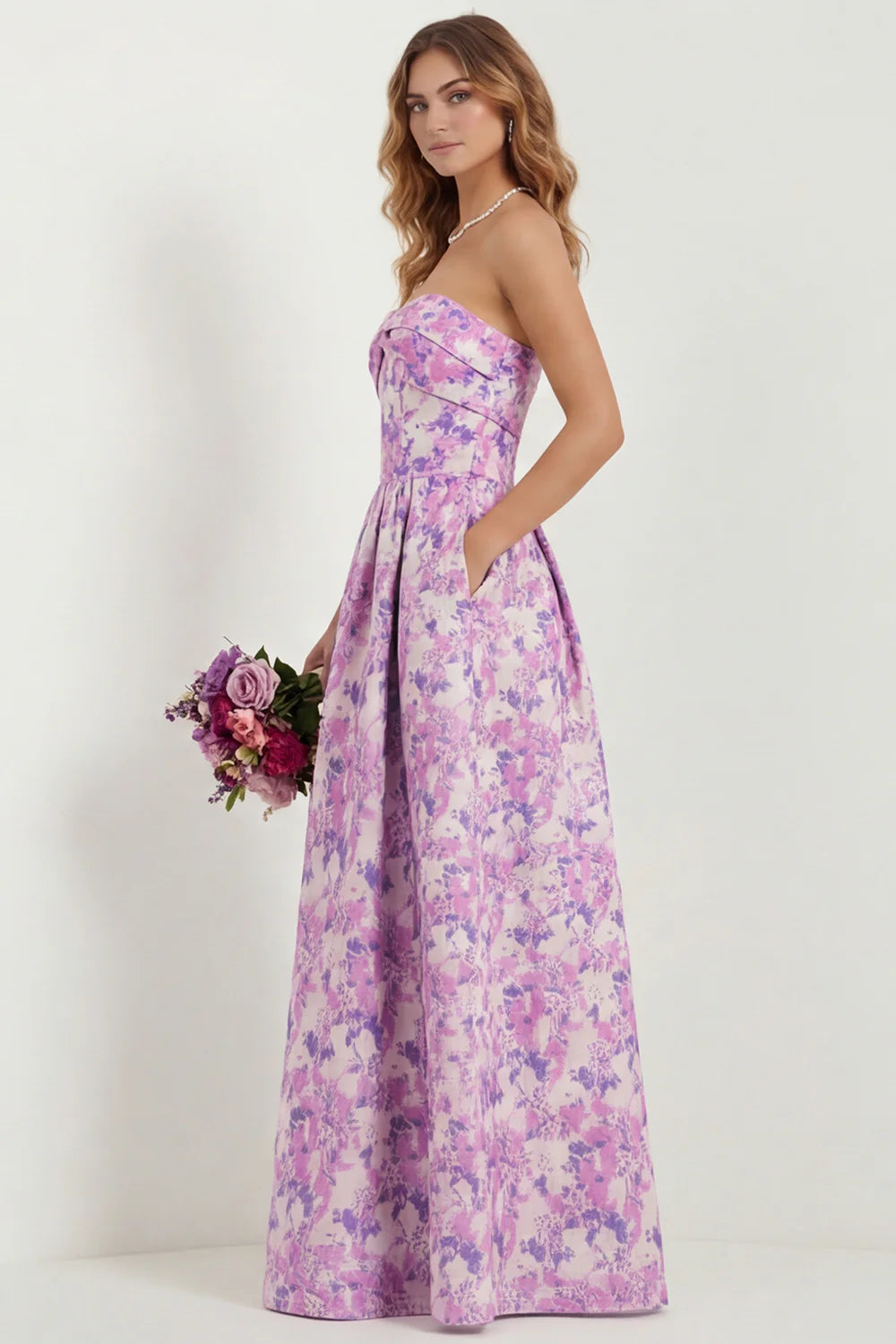 Light Blue Floral Sweetheart A Line Printed Maxi Dress with Pockets