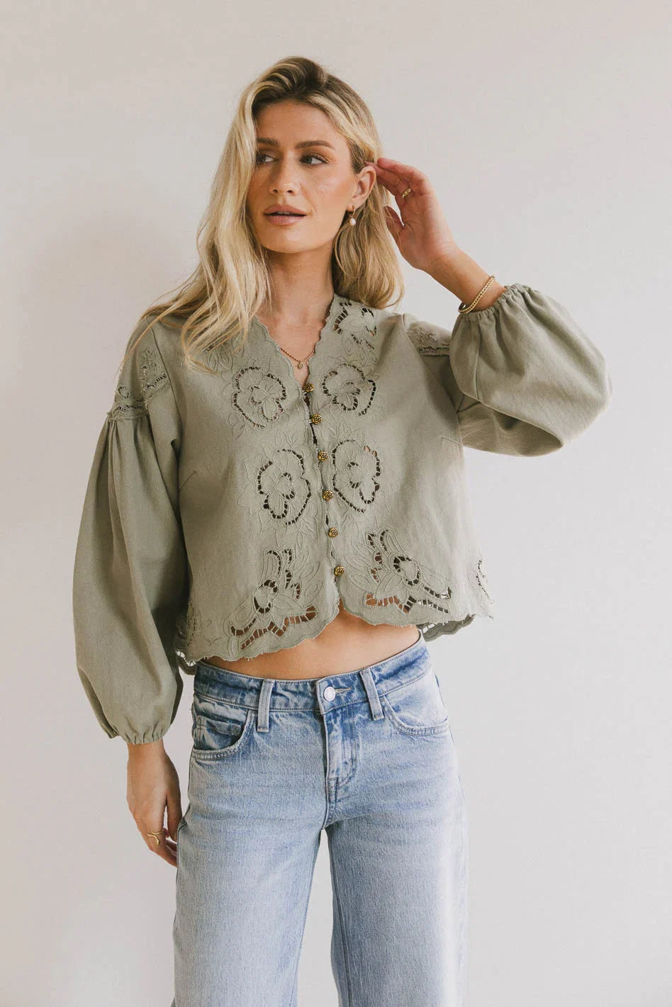Violet Embroidered Blouse in Sage FINAL SALE