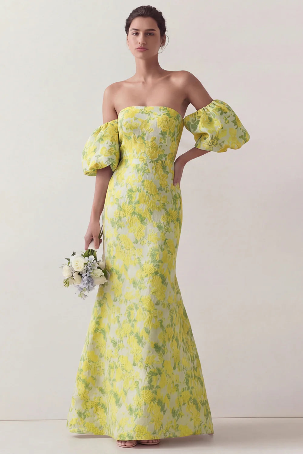 Blue White Flower Mermaid Strapless Satin Convertible Dress with Removable Sleeves