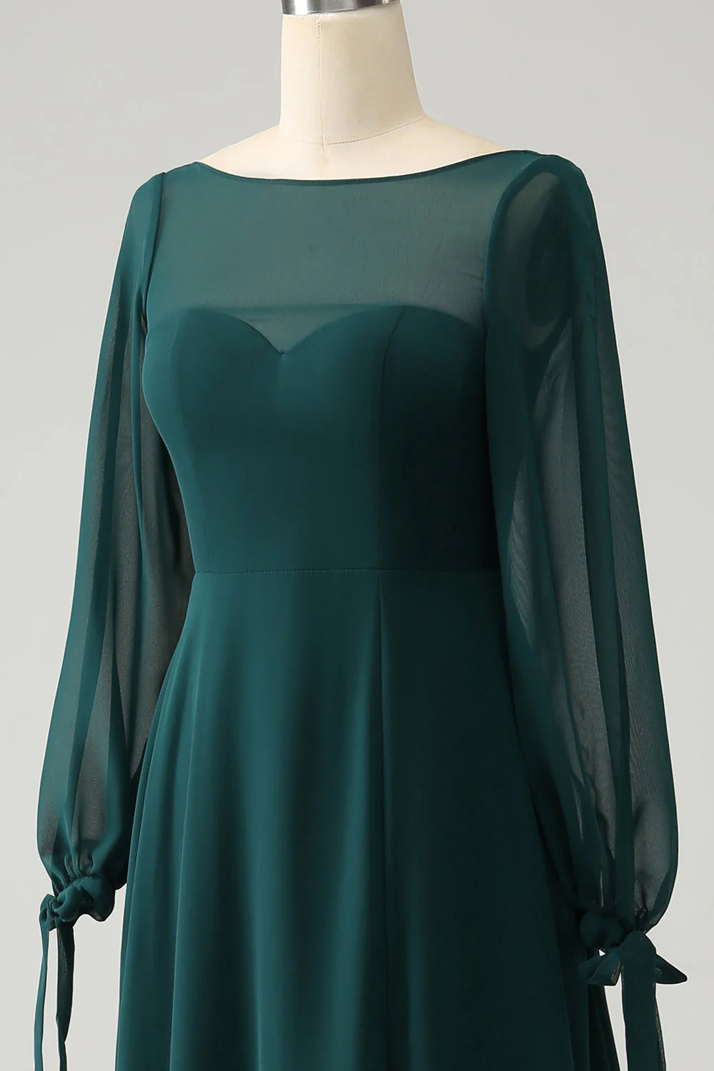 Dark Green A Line Bateau Neck Long Sleeves Chiffon Long Bridesmaid Dress with Slit