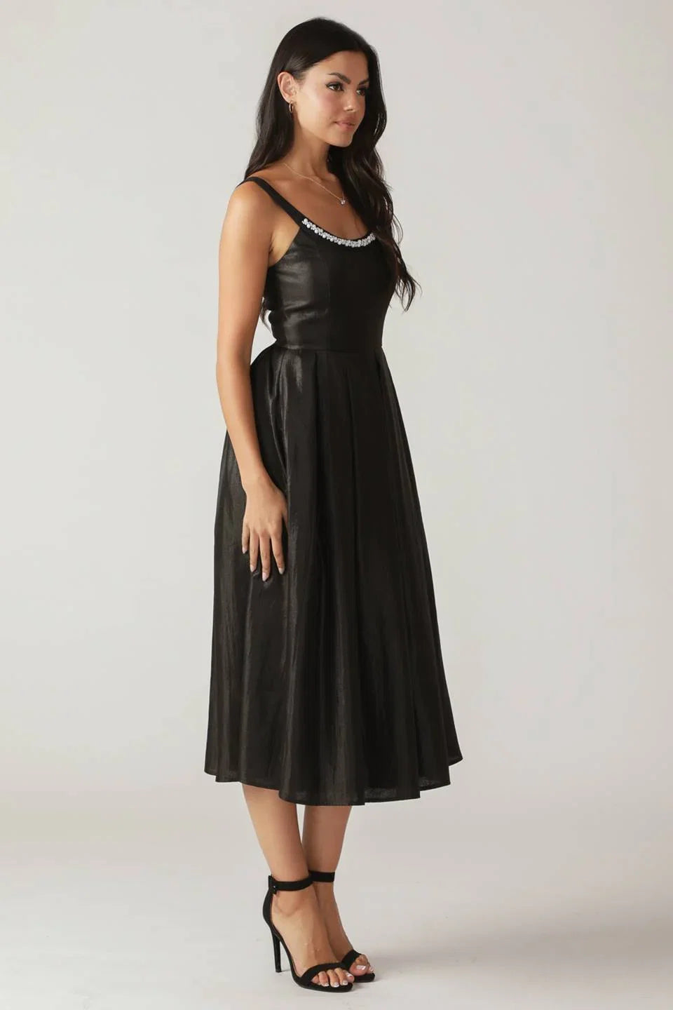 PEARL TRIM BLACK SATIN MIDI DRESS