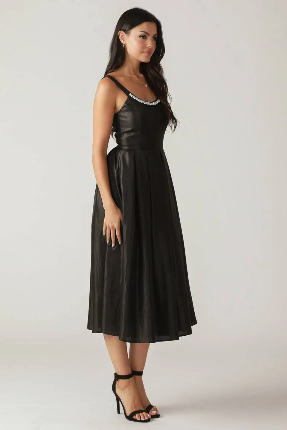 PEARL TRIM BLACK SATIN MIDI DRESS FINAL SALE