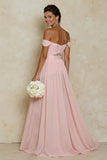 Blush Pink A Line Off the Shoulder Cut Out Chiffon Bridesmaid Dress with Slit