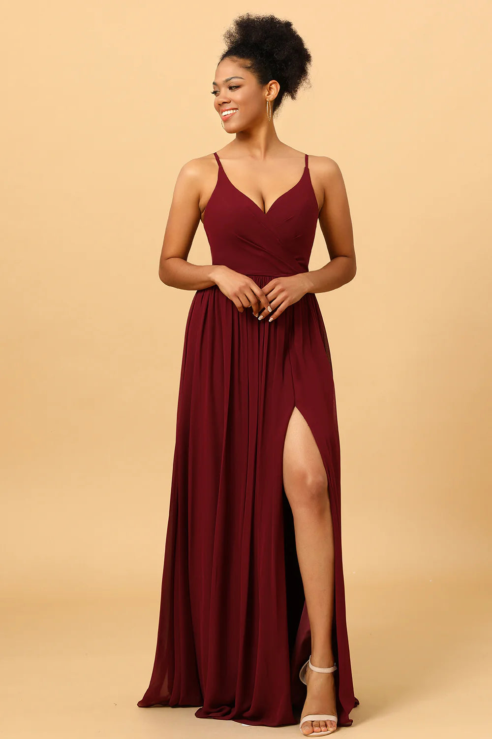 Burgundy A Line Spaghetti Straps Ruched Long Chiffon Bridesmaid Dress with Slit