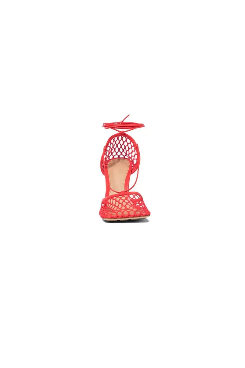 Yellow Stiletto Heel Lace Up Fishnet High Heel Sandals