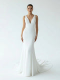 Simple Mermaid V Neck Satin White Wedding Dresses