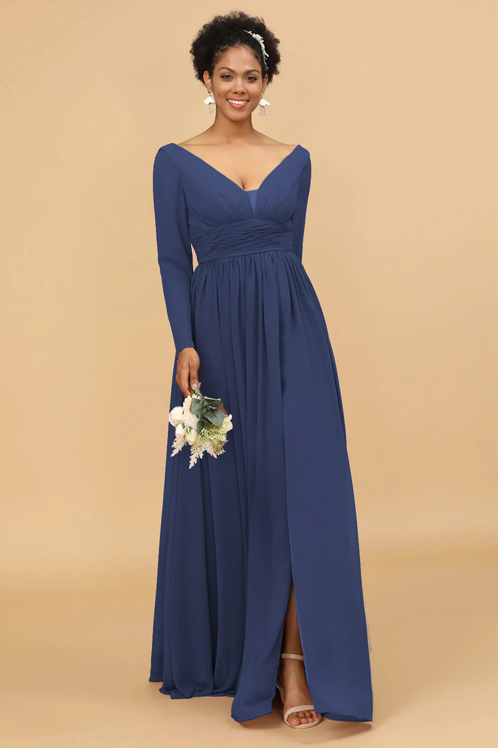 A Line V Neck Long Sleeves Chiffon Bridesmaid Dress with Slit