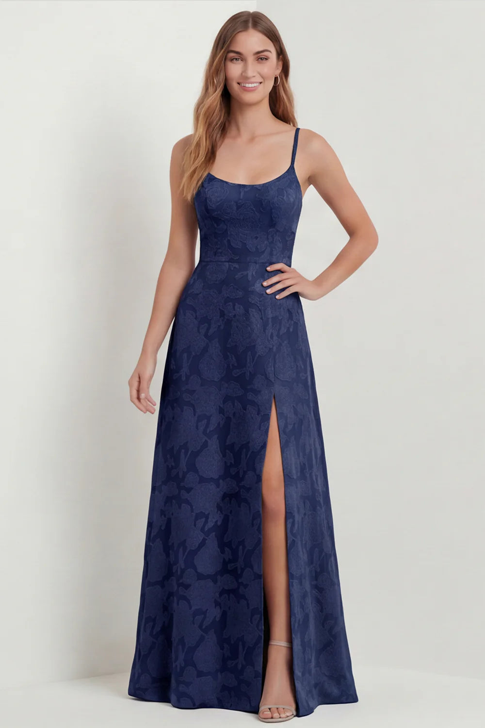 Dusty Blue A Line Floral Burnout Maxi Bridesmaid Dress with Slit